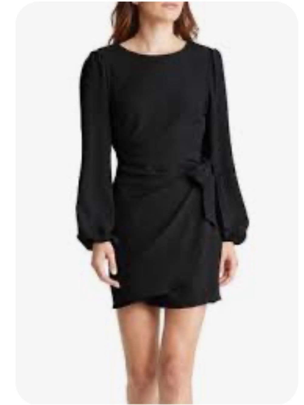 Floret Studios Tie Waist Faux Wrap Black Long-Sleeve Tie-Waist Dress